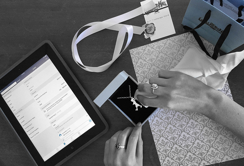 Necklace in Walker & Hall box being gift wrapped