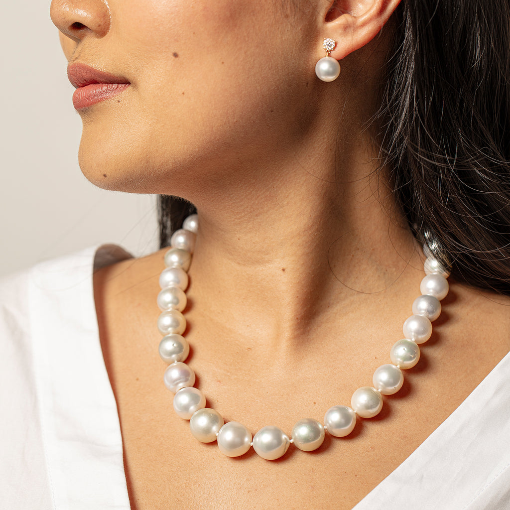 Model wearing South Sea pearl necklace and earrings