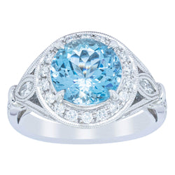 18ct White Gold 2.73ct Aquamarine & Diamond Halo Ring - Ring - Walker & Hall