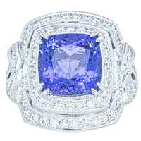 18ct White Gold 5.75ct Tanzanite & Diamond Halo Ring-Ring-Walker & Hall
