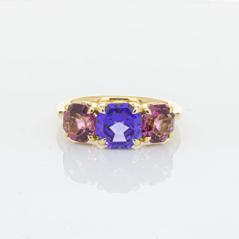 18ct Yellow Gold Three Stone Tanzanite & Tourmaline Octavia Ring-Ring-Walker & Hall