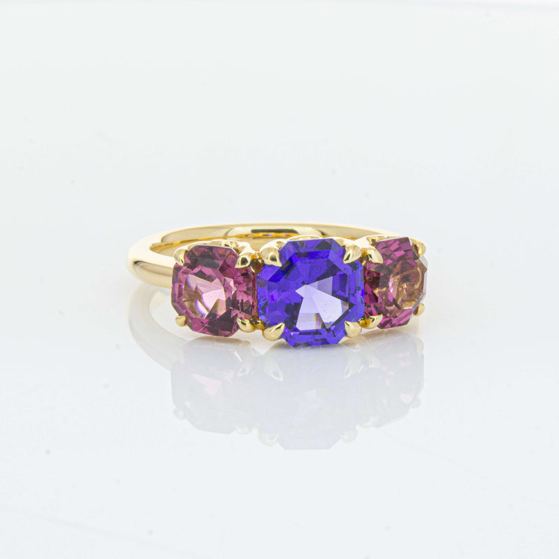 18ct Yellow Gold Three Stone Tanzanite & Tourmaline Octavia Ring-Ring-Walker & Hall