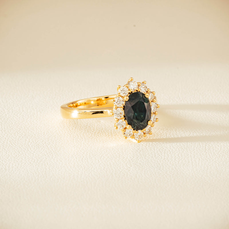 18ct Yellow Gold 1.76ct Green Sapphire & Diamond Belle Ring - Ring - Walker & Hall