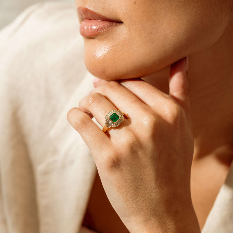 18ct Yellow Gold 1.30ct Emerald & Diamond Magritte Ring - Ring - Walker & Hall