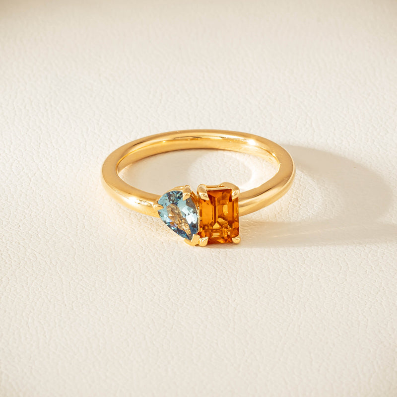 18ct Yellow Gold Citrine & Aquamarine Toi et Moi Ring - Ring - Walker & Hall