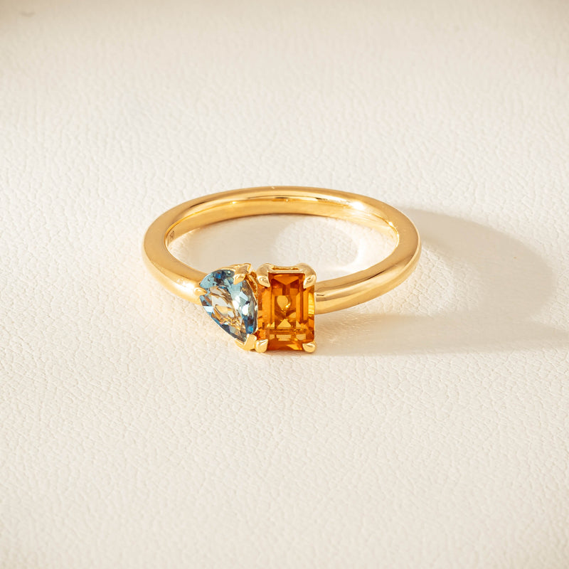 18ct Yellow Gold Citrine & Aquamarine Toi et Moi Ring - Ring - Walker & Hall