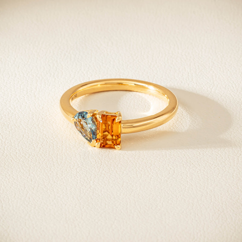 18ct Yellow Gold Citrine & Aquamarine Toi et Moi Ring - Ring - Walker & Hall