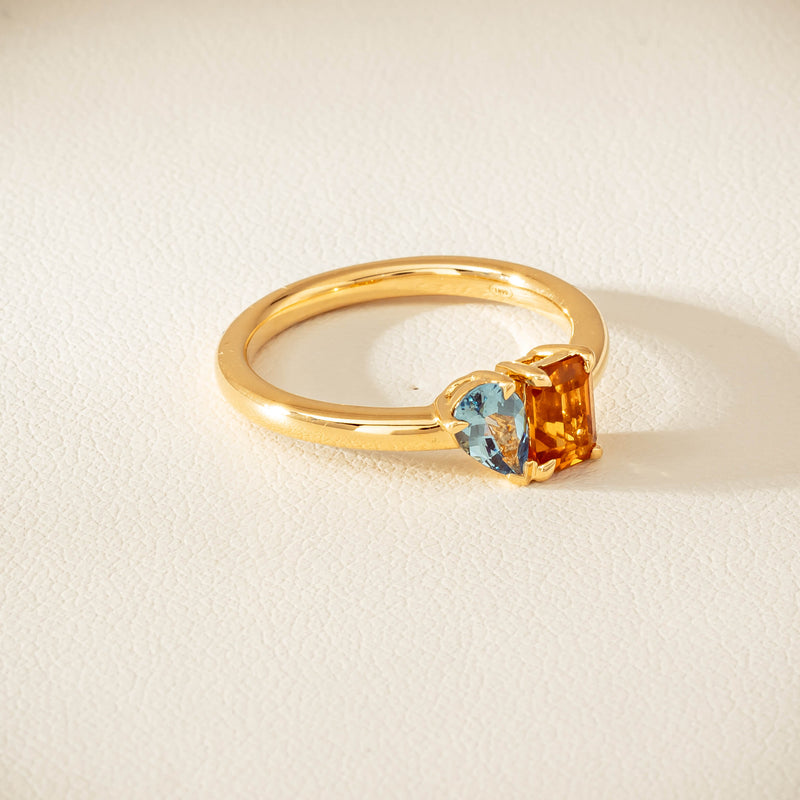 18ct Yellow Gold Citrine & Aquamarine Toi et Moi Ring - Ring - Walker & Hall