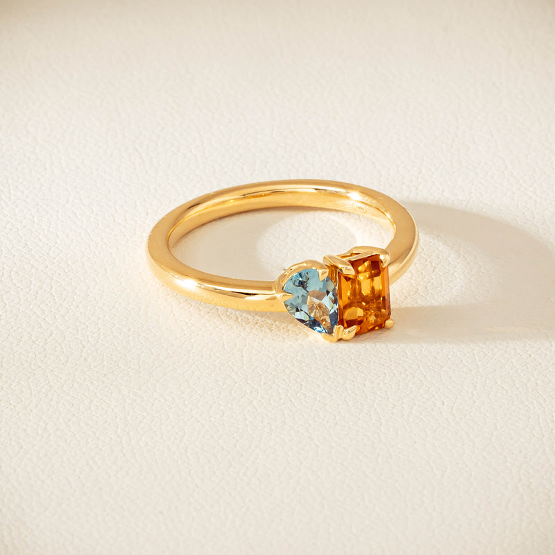 18ct Yellow Gold Citrine & Aquamarine Toi et Moi Ring - Ring - Walker & Hall