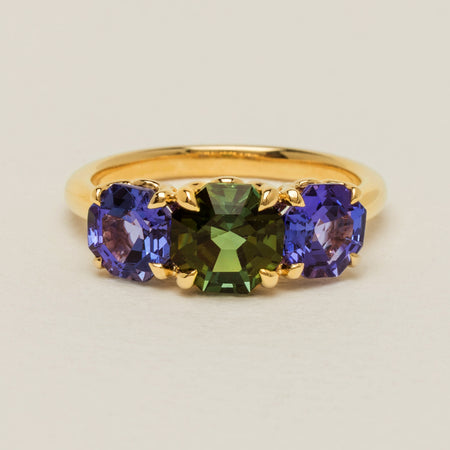 18ct Yellow Gold Tourmaline & Tanzanite Three Stone Octavia Ring - Ring - Walker & Hall