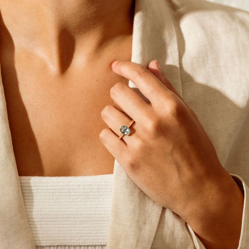 9ct Yellow Gold Aquamarine Rubover Set Ring - Ring - Walker & Hall