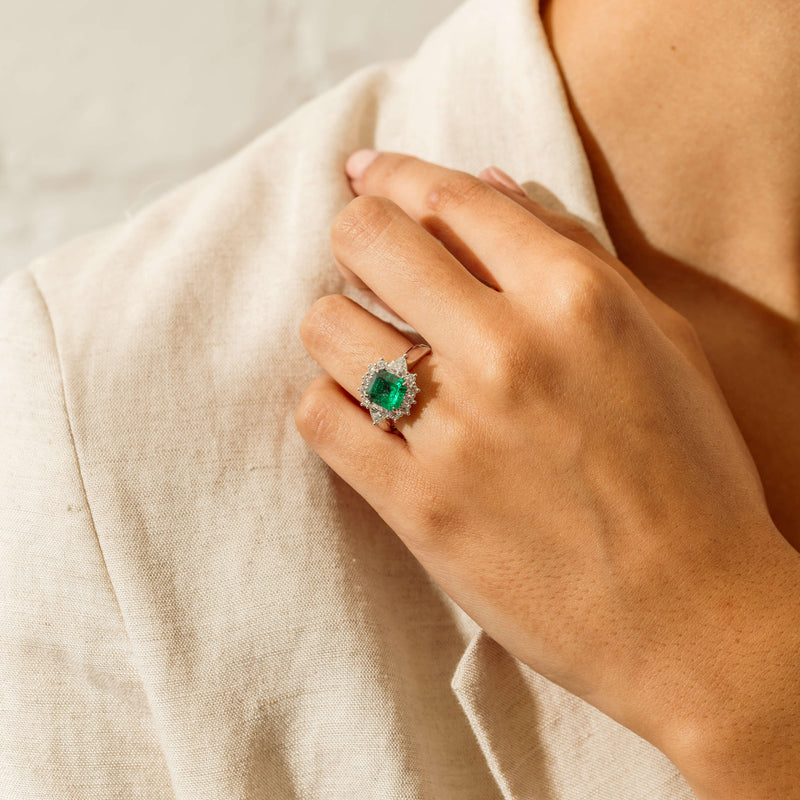 Platinum 2.10ct Emerald & Diamond Cluster Ring - Ring - Walker & Hall