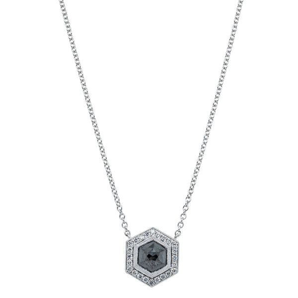 18ct White Gold .94ct Black Diamond Halo Pendant - Necklace - Walker & Hall