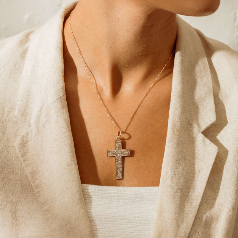Vintage 9ct Rose Gold .36ct Diamond Engraved Cross Pendant - Necklace - Walker & Hall