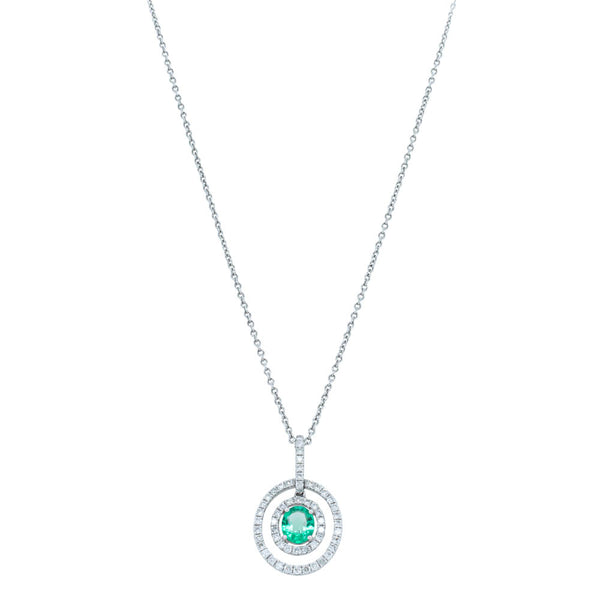 18ct White Gold .48ct Emerald & Diamond Halo Pendant - Necklace - Walker & Hall