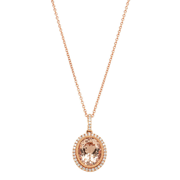 18ct Rose Gold 3.30ct Morganite & Diamond Halo Pendant - Necklace - Walker & Hall