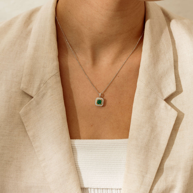 18ct White Gold 1.23ct Emerald & Diamond Pendant - Necklace - Walker & Hall