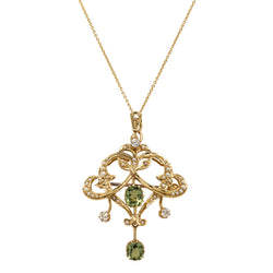 Vintage 14ct Yellow Gold Peridot, Diamond & Seed Pearl Pendant - Necklace - Walker & Hall