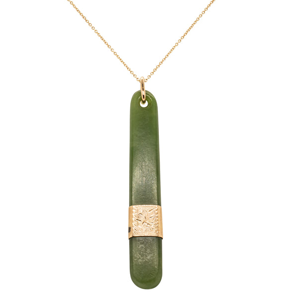 Vintage 9ct Rose Gold Greenstone Drop Pendant - Necklace - Walker & Hall