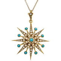 Vintage 15ct Yellow Gold Turquoise & Seed Pearl Starburst Pendant - Necklace - Walker & Hall