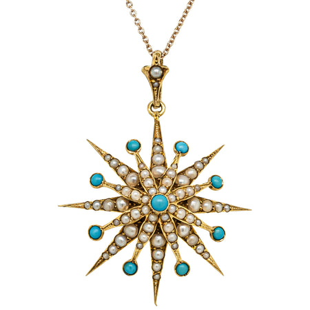 Vintage 15ct Yellow Gold Turquoise & Seed Pearl Starburst Pendant - Necklace - Walker & Hall