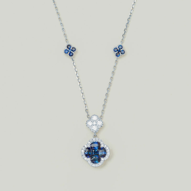 18ct White Gold 1.11ct Sapphire & Diamond Quatrefoil Pendant - Necklace - Walker & Hall
