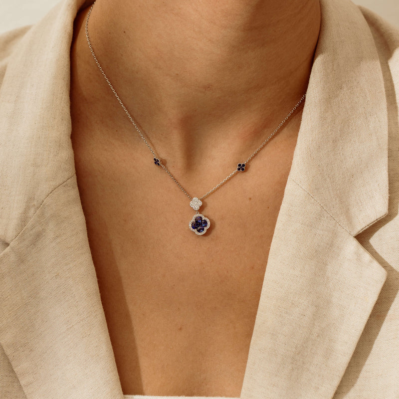 18ct White Gold 1.11ct Sapphire & Diamond Quatrefoil Pendant - Necklace - Walker & Hall