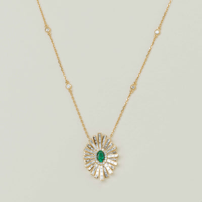 18ct Yellow Gold .45ct Emerald & Diamond Starburst Pendant - Necklace - Walker & Hall