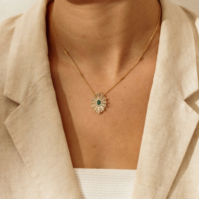 18ct Yellow Gold .45ct Emerald & Diamond Starburst Pendant - Necklace - Walker & Hall