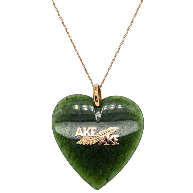 Vintage 9ct Rose Gold Greenstone 'Ake Ake' Heart Pendant - Necklace - Walker & Hall