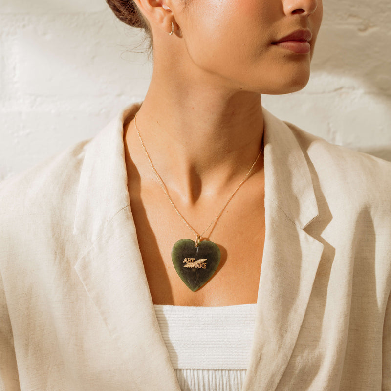 Vintage 9ct Rose Gold Greenstone 'Ake Ake' Heart Pendant - Necklace - Walker & Hall