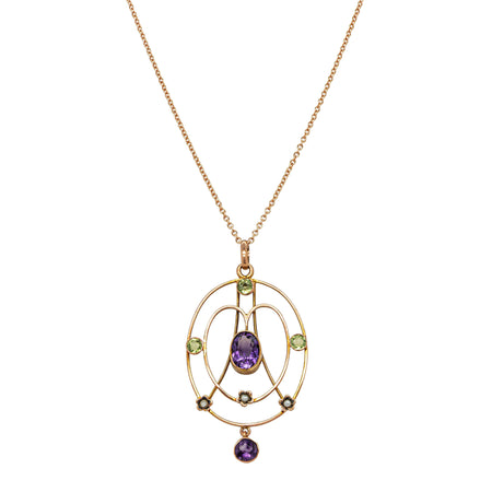 Vintage 9ct Rose Gold Amethyst, Peridot & Pearl Pendant - Necklace - Walker & Hall