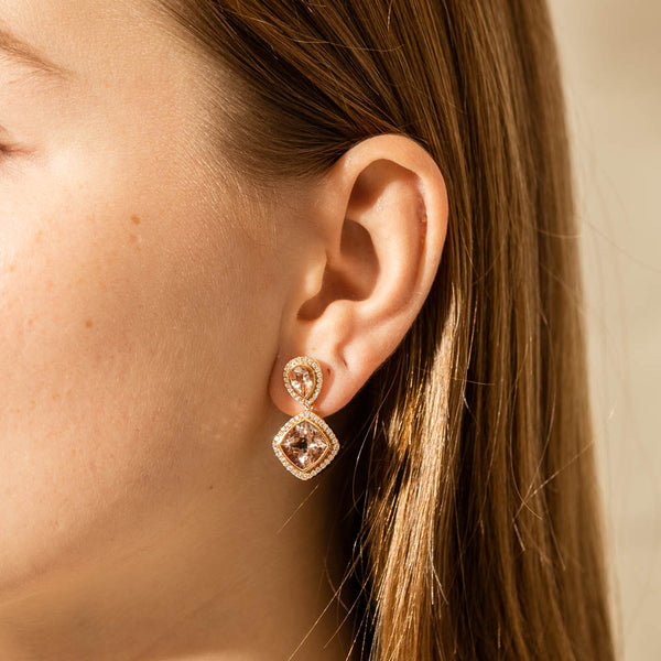 18ct Rose Gold 7.55ct Morganite & Diamond Drop Earrings - Earrings - Walker & Hall