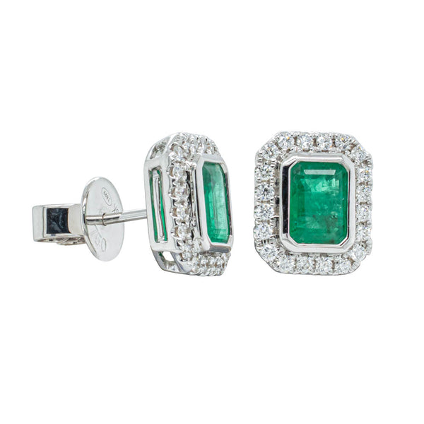 18ct White Gold 1.51ct Emerald & Diamond Halo Earrings - Earrings - Walker & Hall