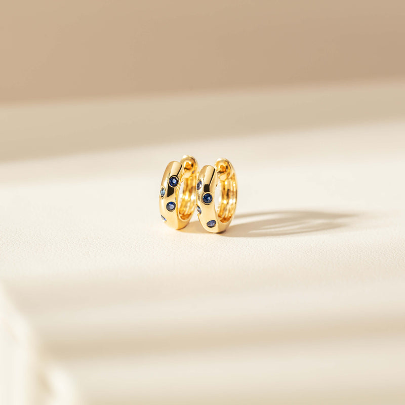 18ct Yellow Gold Sapphire Lucky Huggie Earrings-Earrings-Walker & Hall