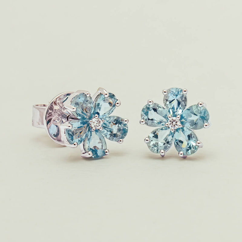 18ct White Gold Aquamarine Forget-Me-Not Flower Earrings - Earrings - Walker & Hall