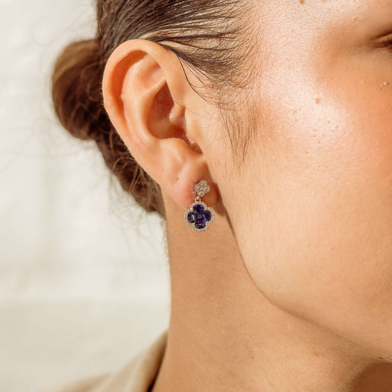 18ct White Gold 1.91ct Sapphire & Diamond Quatrefoil Earrings - Earrings - Walker & Hall