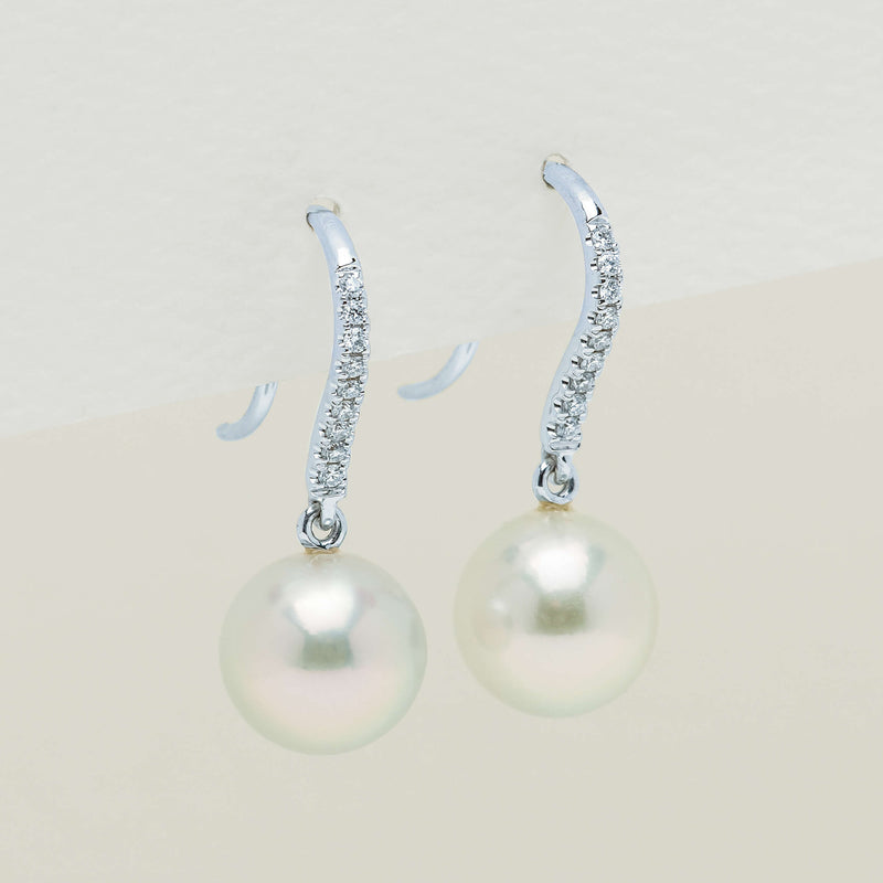 18ct White Gold Akoya Pearl & Diamond Drop Earrings - Earrings - Walker & Hall