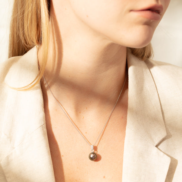 18ct White Gold Black Pearl & Diamond Pendant - Necklace - Walker & Hall