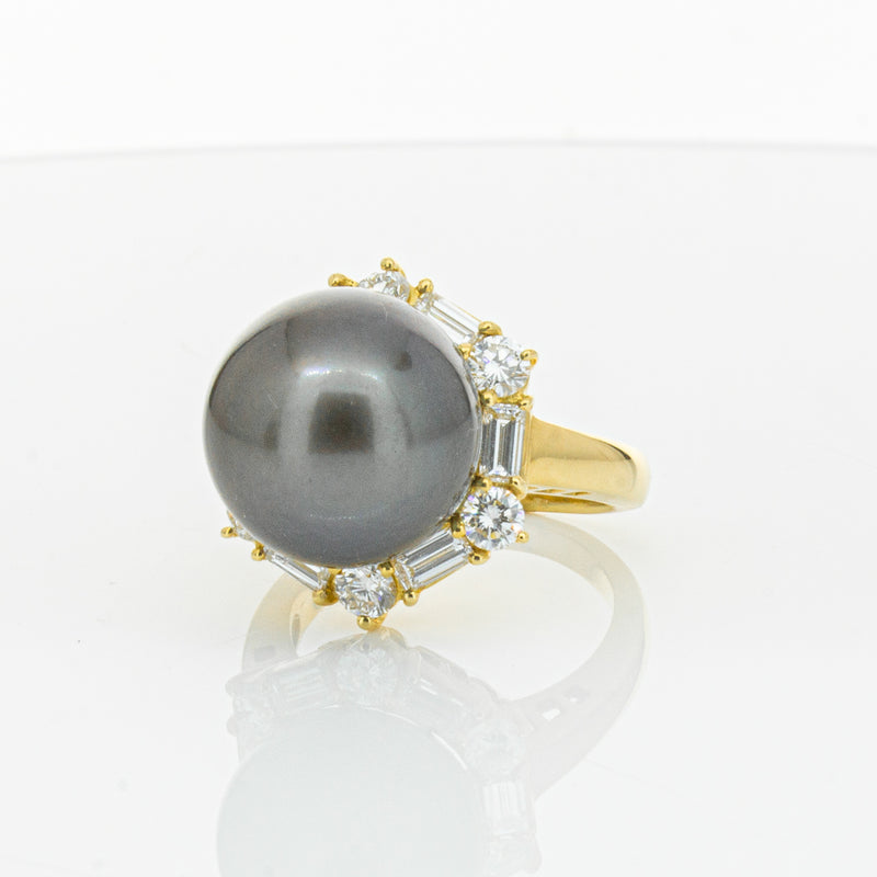 Deja Vu 18ct Yellow Gold 13mm Black Pearl & Diamond Ring-Ring-Walker & Hall