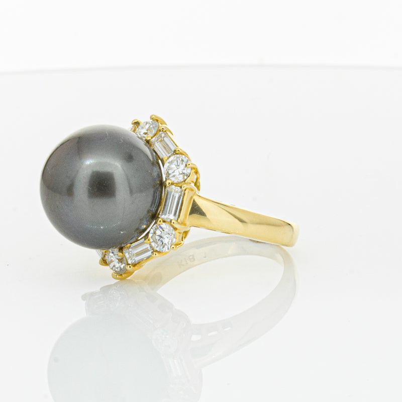 Deja Vu 18ct Yellow Gold 13mm Black Pearl & Diamond Ring-Ring-Walker & Hall