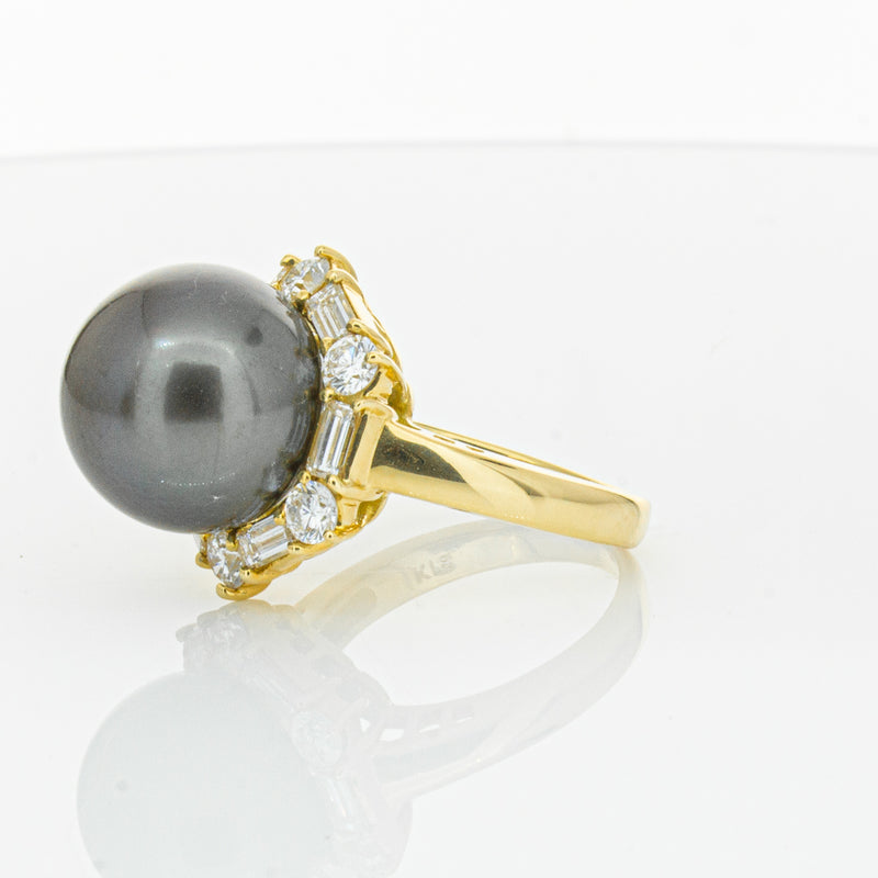 Deja Vu 18ct Yellow Gold 13mm Black Pearl & Diamond Ring-Ring-Walker & Hall