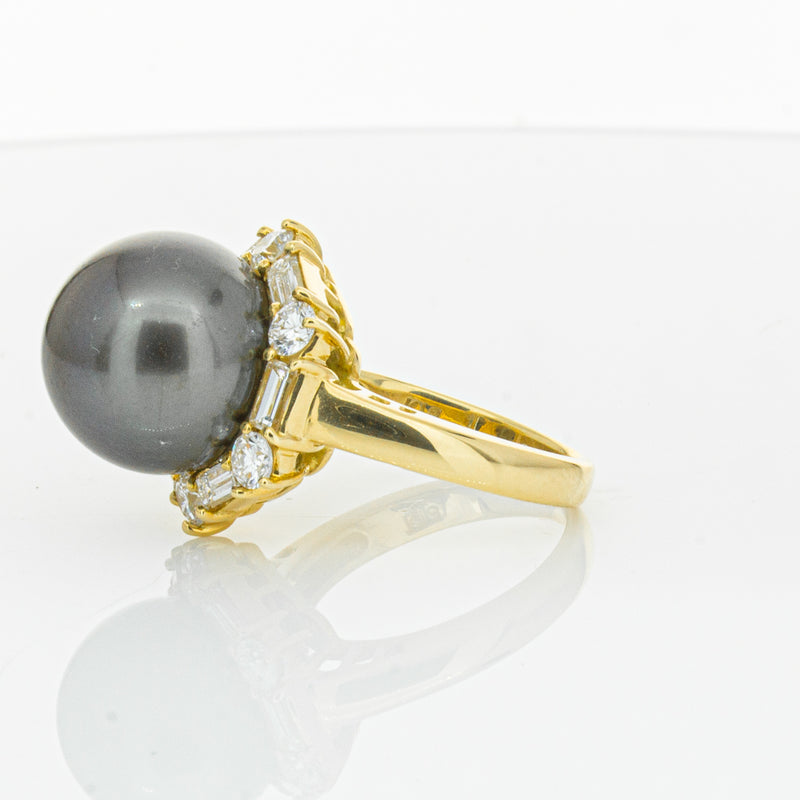 Deja Vu 18ct Yellow Gold 13mm Black Pearl & Diamond Ring-Ring-Walker & Hall