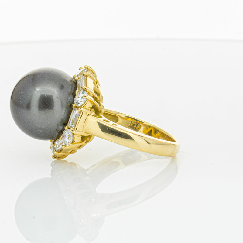 Deja Vu 18ct Yellow Gold 13mm Black Pearl & Diamond Ring-Ring-Walker & Hall