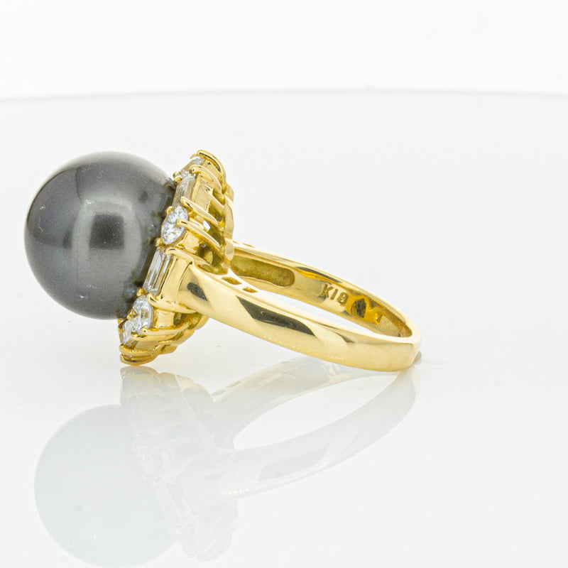 Deja Vu 18ct Yellow Gold 13mm Black Pearl & Diamond Ring-Ring-Walker & Hall