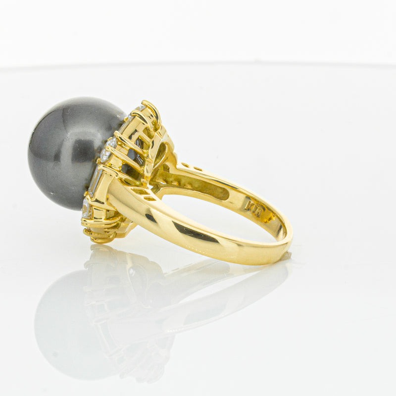 Deja Vu 18ct Yellow Gold 13mm Black Pearl & Diamond Ring-Ring-Walker & Hall