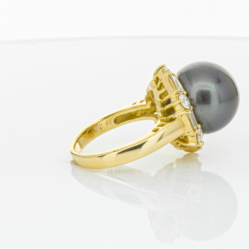 Deja Vu 18ct Yellow Gold 13mm Black Pearl & Diamond Ring-Ring-Walker & Hall