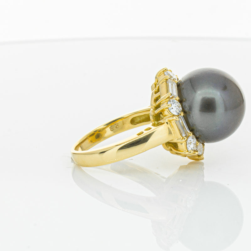Deja Vu 18ct Yellow Gold 13mm Black Pearl & Diamond Ring-Ring-Walker & Hall