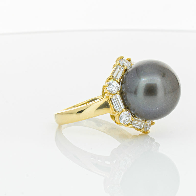 Deja Vu 18ct Yellow Gold 13mm Black Pearl & Diamond Ring-Ring-Walker & Hall