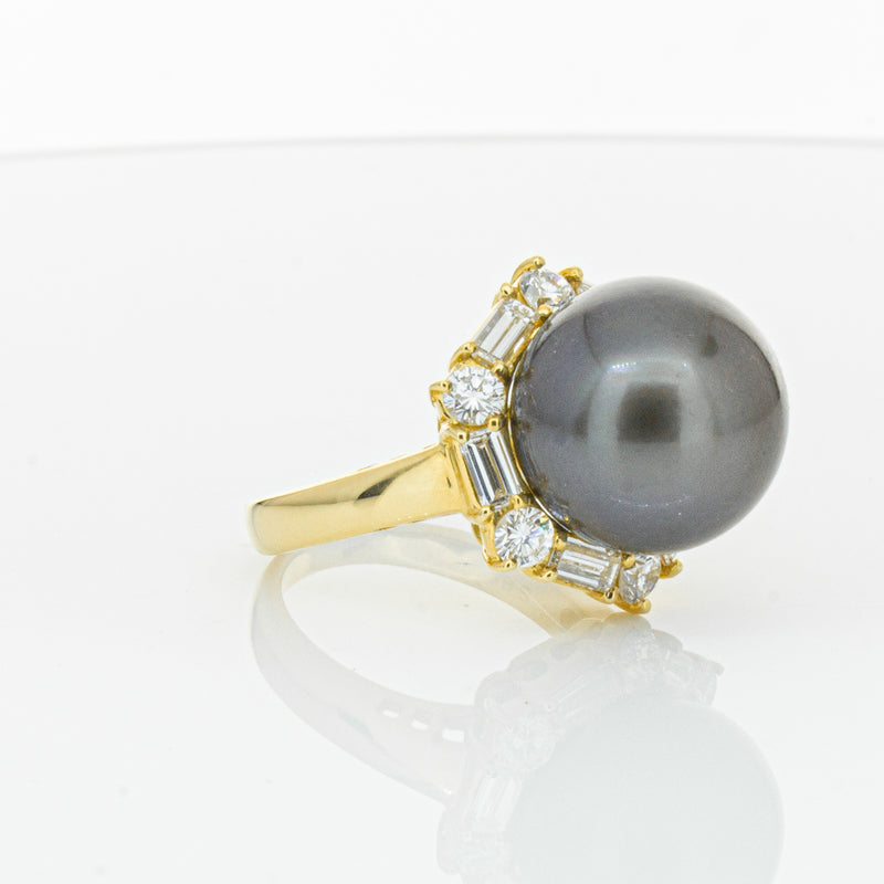 Deja Vu 18ct Yellow Gold 13mm Black Pearl & Diamond Ring-Ring-Walker & Hall